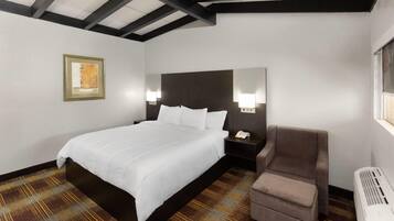 A hotel room with a large bed, a chair, a nightstand with a phone, a wall-mounted mirror, and a radiator.