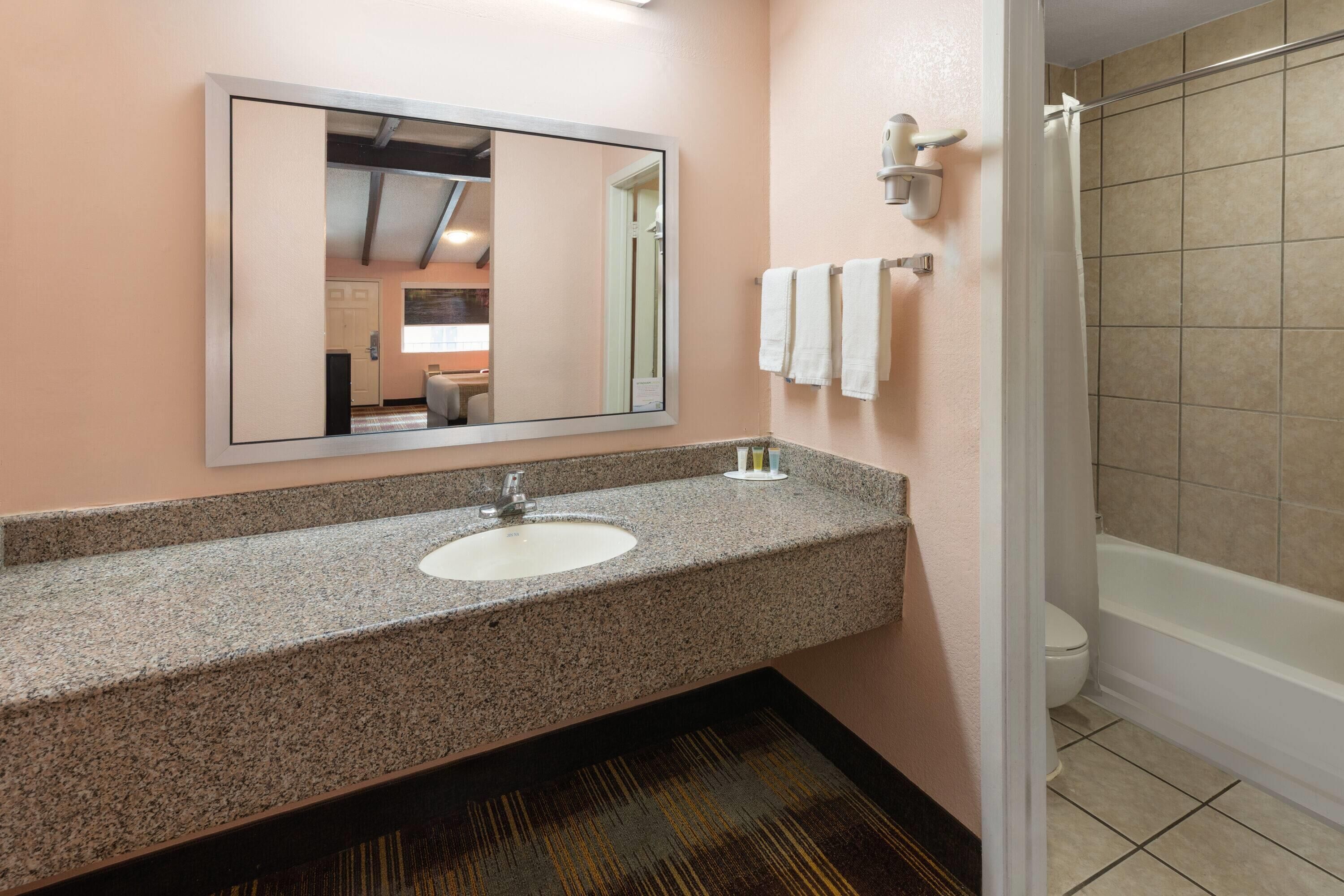 A bathroom with a granite countertop sink, a large mirror, a shower, and a toilet.
