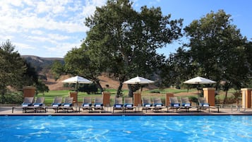 Outdoor pool, pool umbrellas, pool loungers