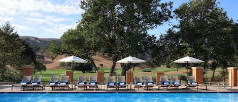 Outdoor pool, pool umbrellas, pool loungers