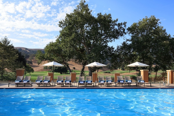 Outdoor pool, pool umbrellas, pool loungers
