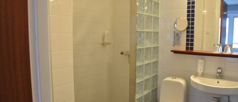Une salle de bain équipée d’une douche, de toilettes, d’un lavabo et d’un miroir.