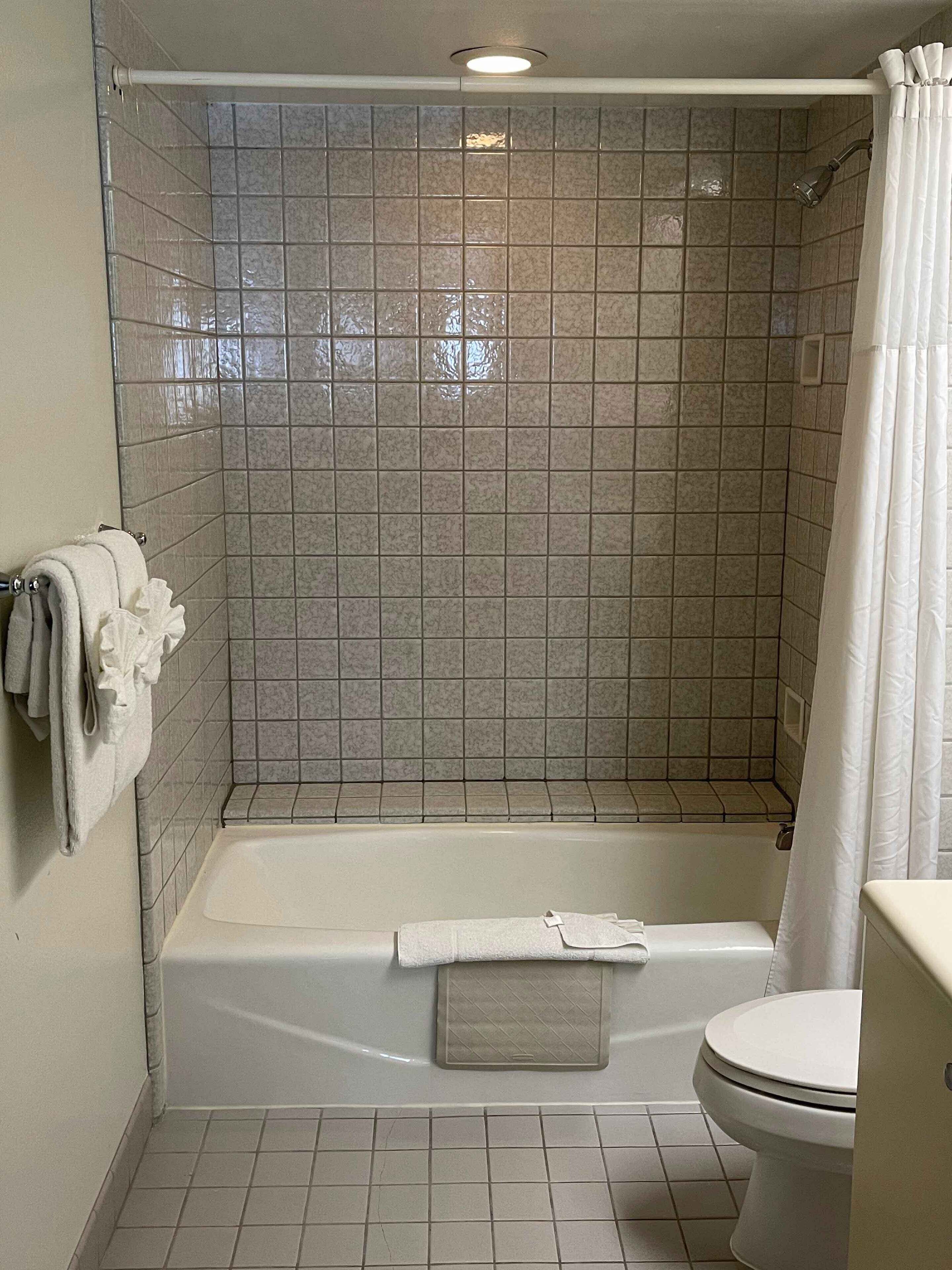 combined shower/bathtub, hair dryer, towels