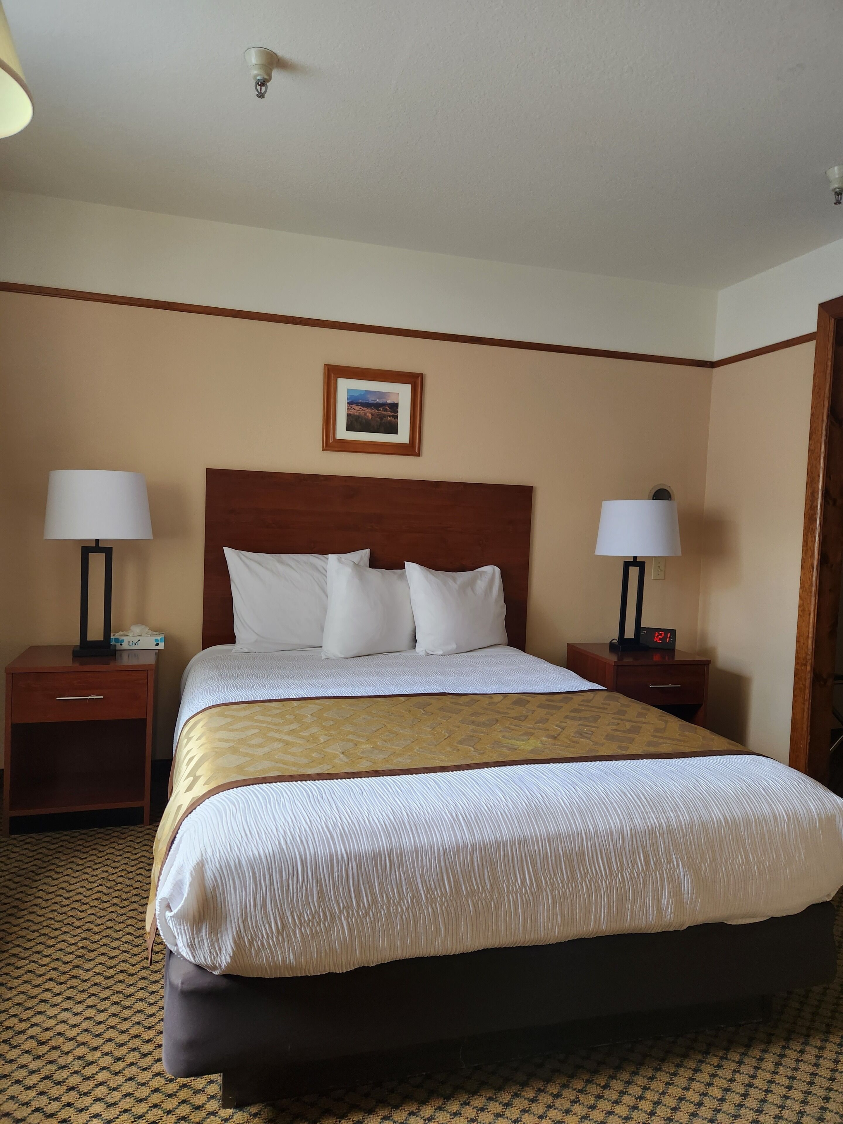 Una habitación de hotel con una cama grande, dos mesitas de noche con lámparas, un cuadro en la pared y un reloj sobre una de las mesitas.