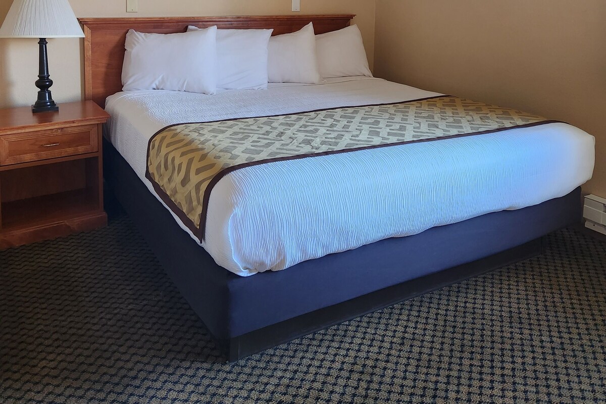 A hotel room with a large bed, a wooden nightstand with a lamp, a framed picture on the wall, and a patterned carpet.