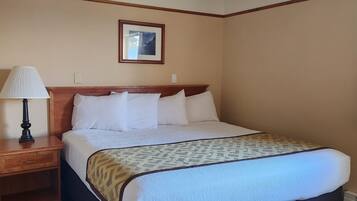A hotel room with a large bed, a wooden nightstand with a lamp, a framed picture on the wall, and a patterned carpet.