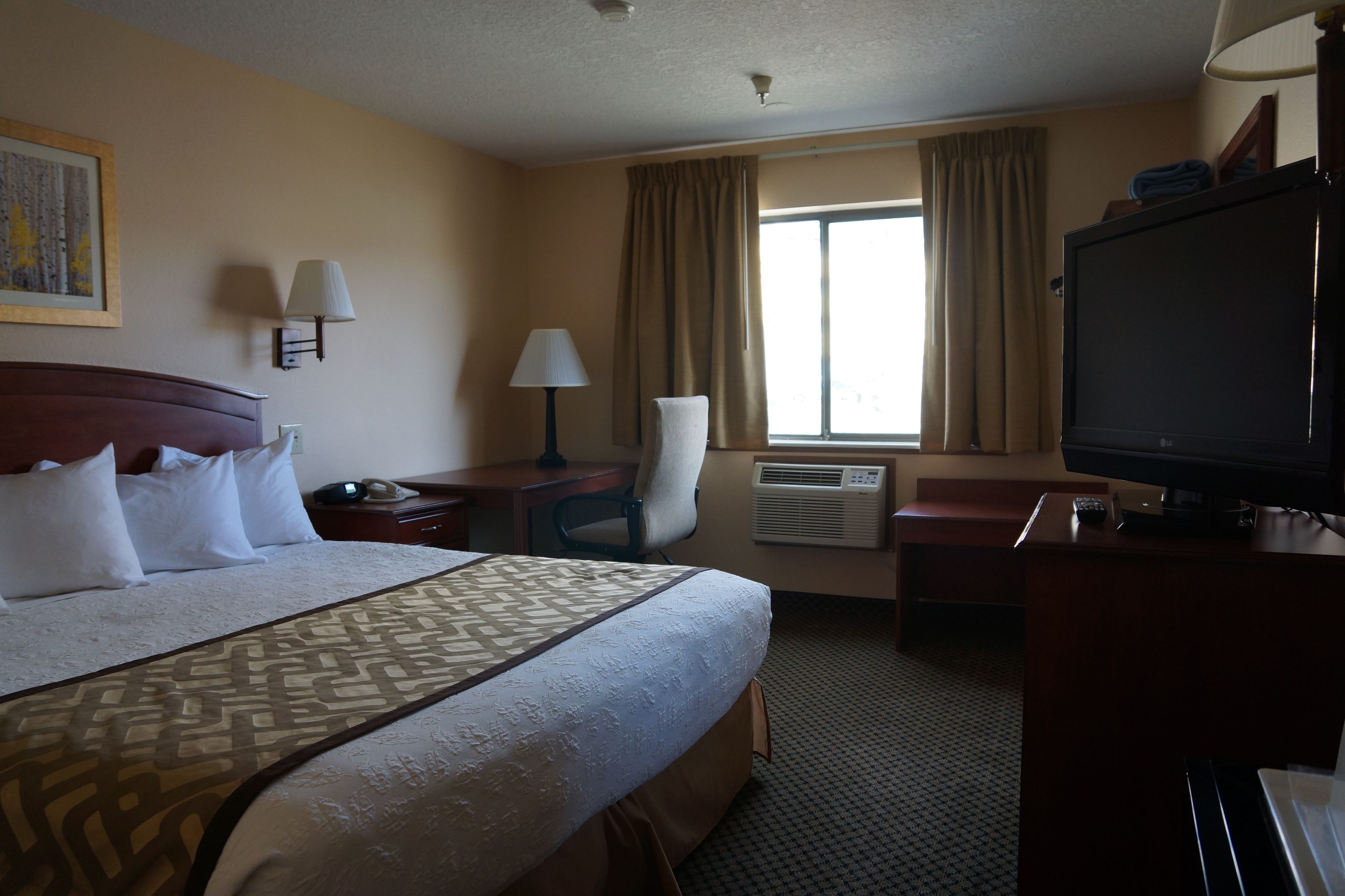 Habitación de hotel con una cama grande, un escritorio, una silla, un televisor y una ventana con cortinas.