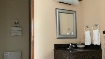 Un baño con inodoro, lavabo y espejo.