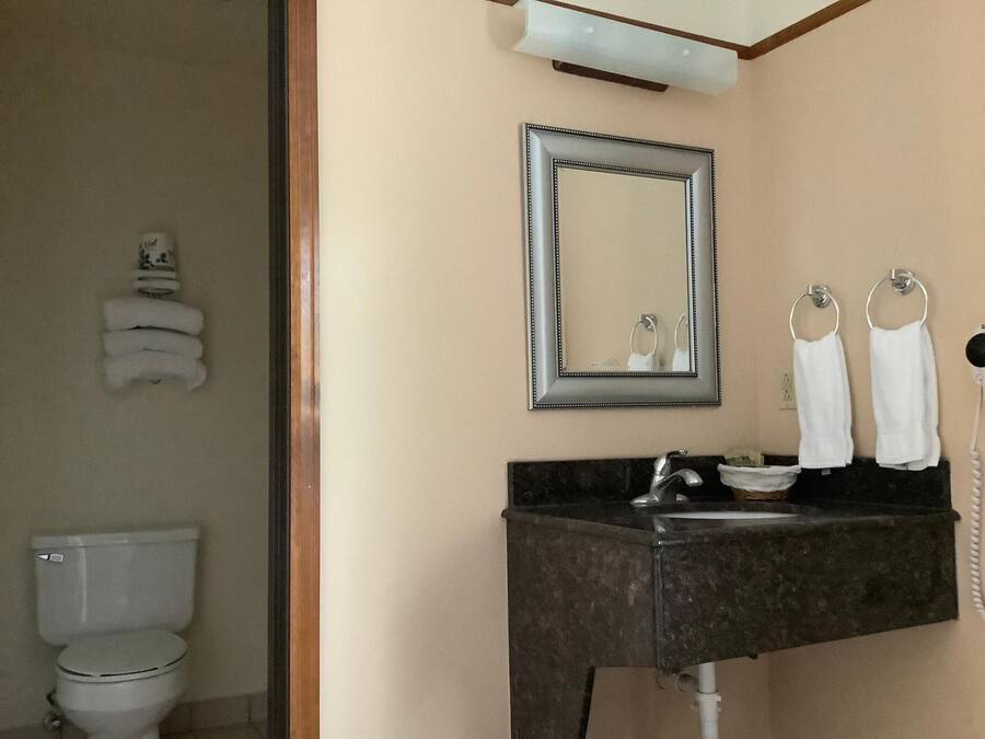 Un baño con inodoro, lavabo y espejo.