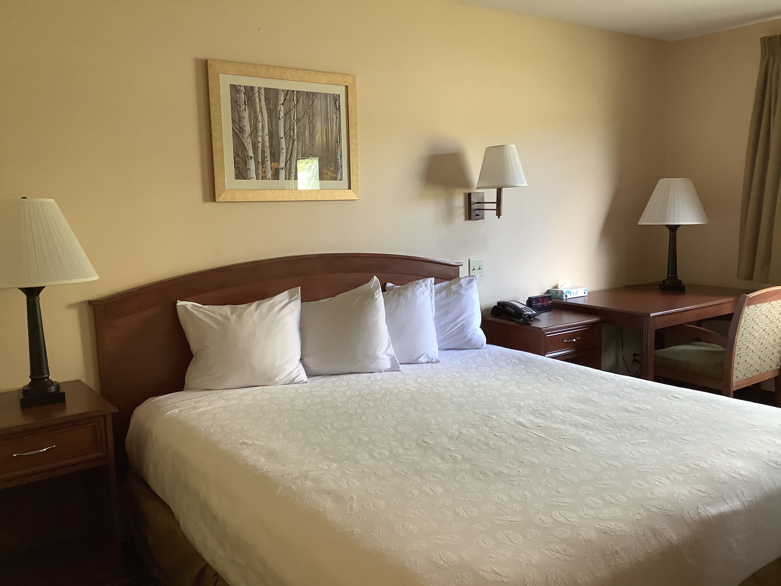 A hotel room with a large bed, two bedside lamps, a desk with a chair, and a painting on the wall.