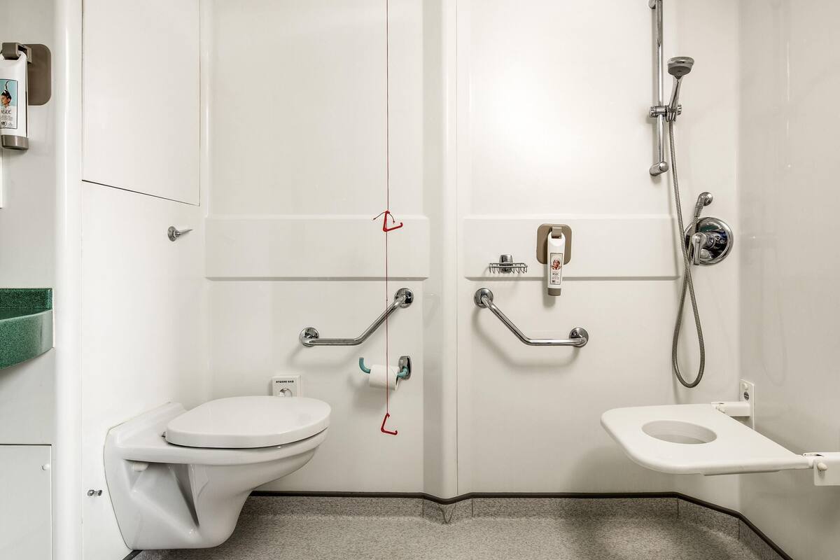 A bathroom with a toilet, bidet, and shower.