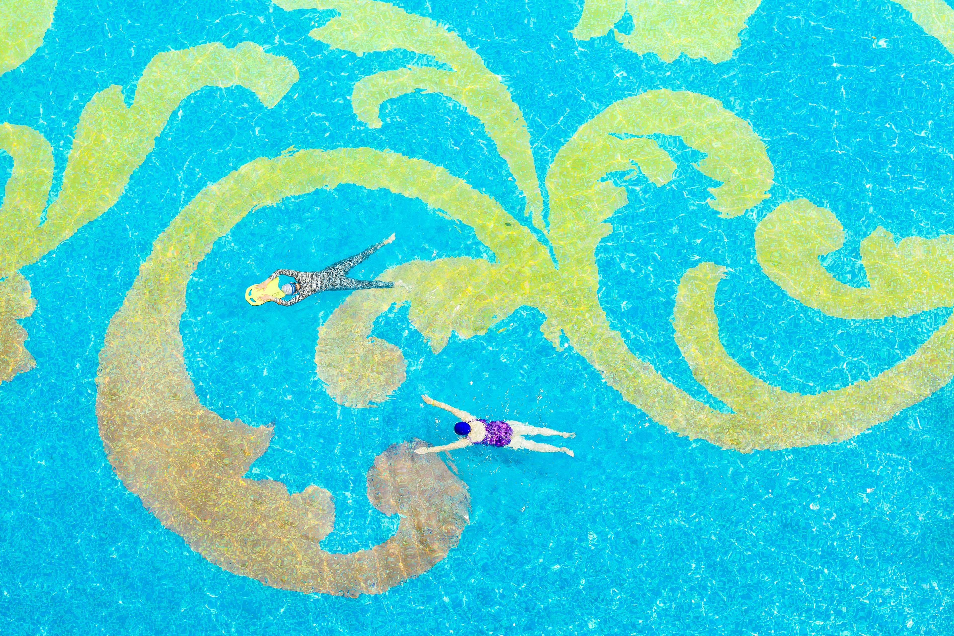 indoor pool, seasonal outdoor pool, pool loungers