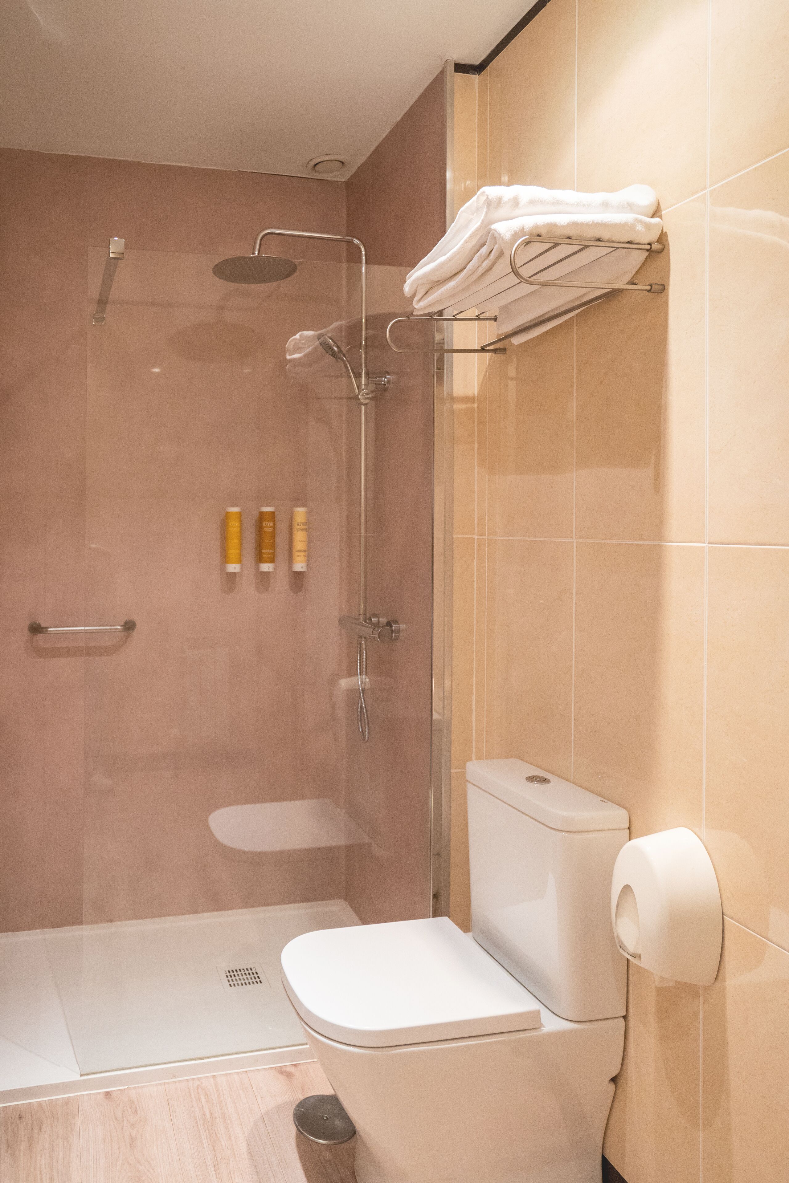 Et moderne badeværelse med bruser, toilet og håndklædestang.