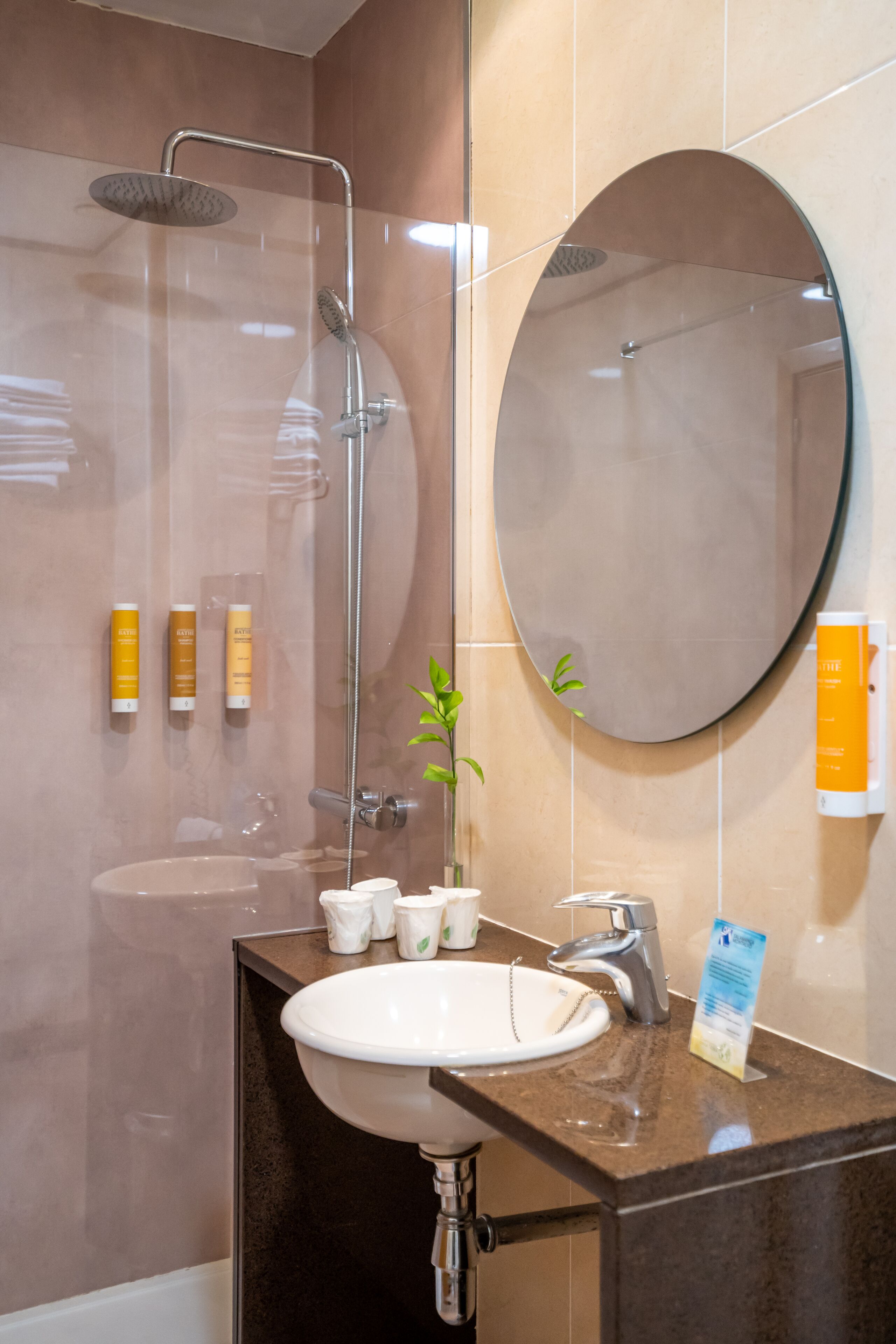 Ein Badezimmer mit einer Duschkabine, einem Waschbecken mit Spiegel darüber und Pflegeprodukten an der Wand.