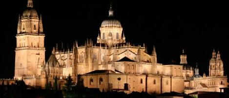 Una catedral grande e iluminada con múltiples cúpulas y agujas, rodeada de otros edificios históricos.