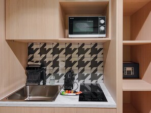 Fridge, microwave, stovetop, espresso maker