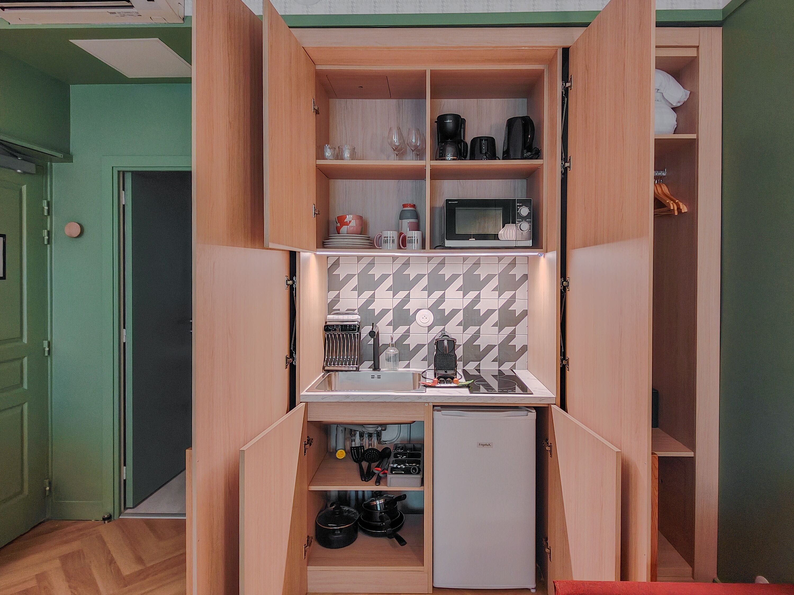 Fridge, microwave, stovetop, espresso maker