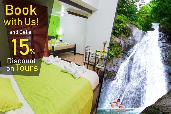 Book with us to explore the surrounding landscape and enjoy a restful stay in a cozy bedroom with a comfortable bed and scenic views.