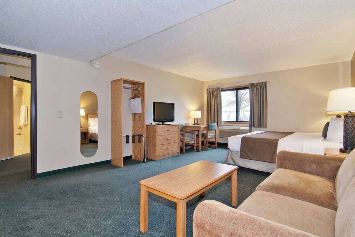 Een hotelkamer met een bed, een bureau, een televisie, een spiegel en een raam.