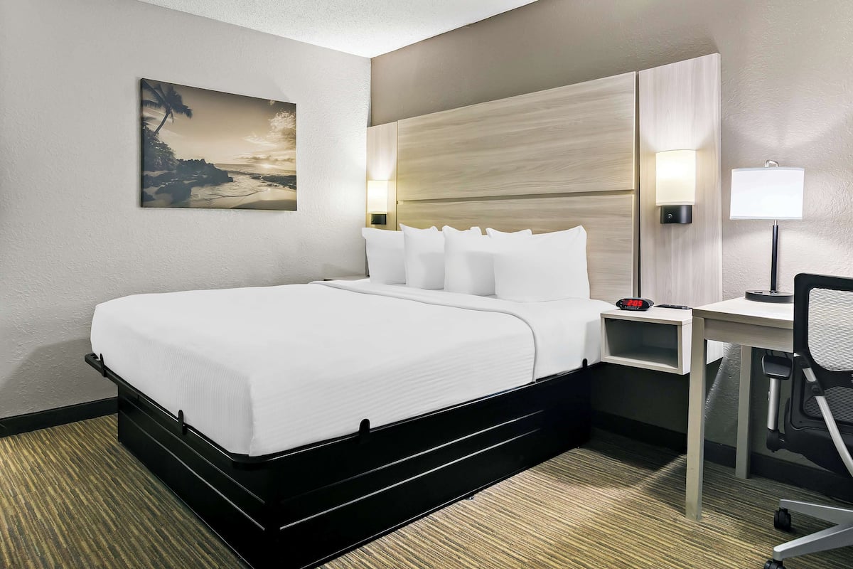 Een hotelkamer met een bed, een bureau, een stoel, een nachtkastje, een lamp en een schilderij aan de muur.