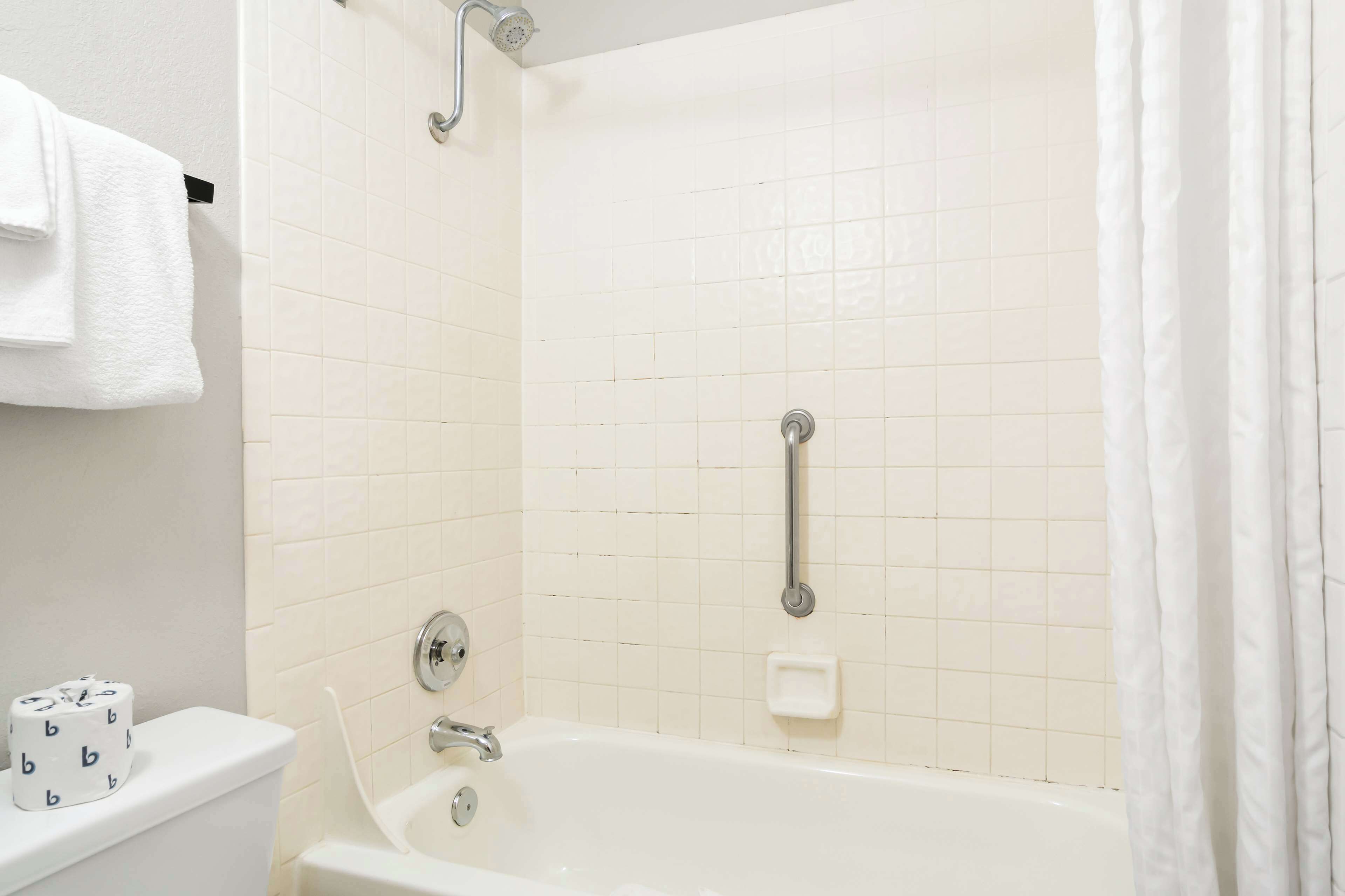 Een badkamer met een bad, toilet en douche.