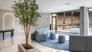 Un espace de détente moderne avec un aménagement de sièges incurvé, un grand bac à plantes avec un arbre, et une vue sur un espace extérieur aménagé en salon, visible à travers de grandes fenêtres.