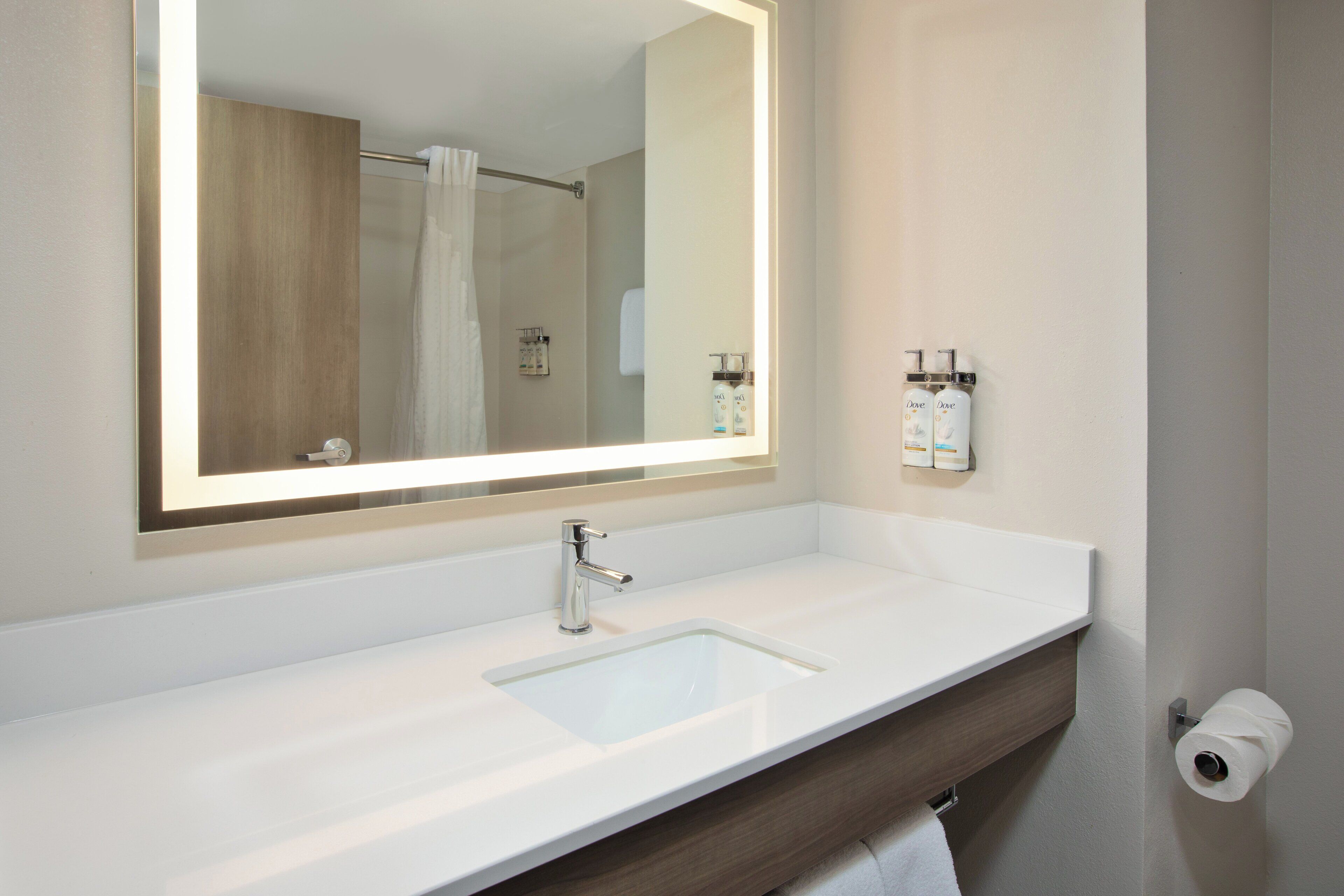 Un baño con un espejo grande, un lavamanos blanco, un perchero para toallas y un dispensador de papel higiénico.