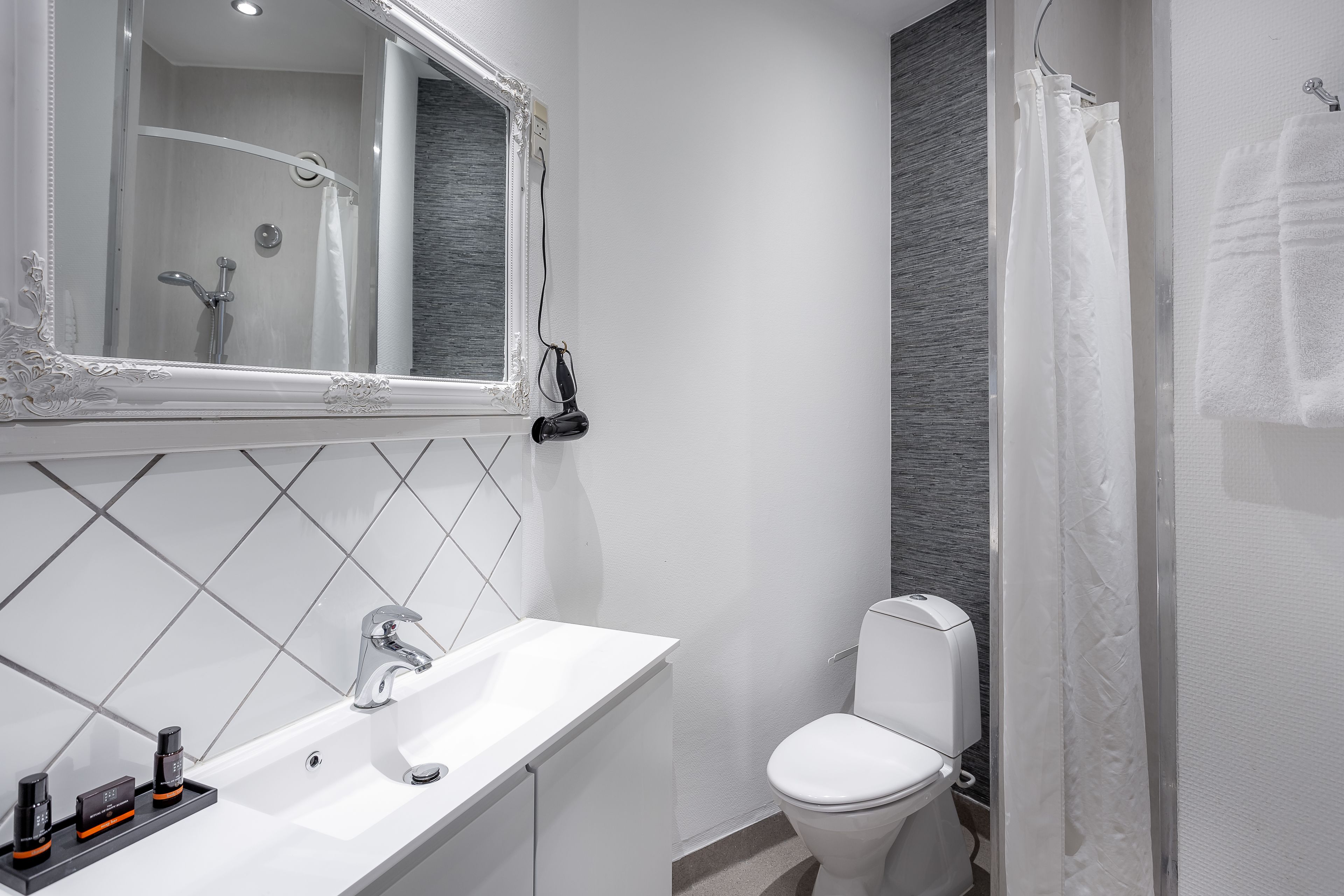 free toiletries, hair dryer, towels, soap