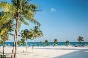 Plage, sable blanc, chaises longues, parasols