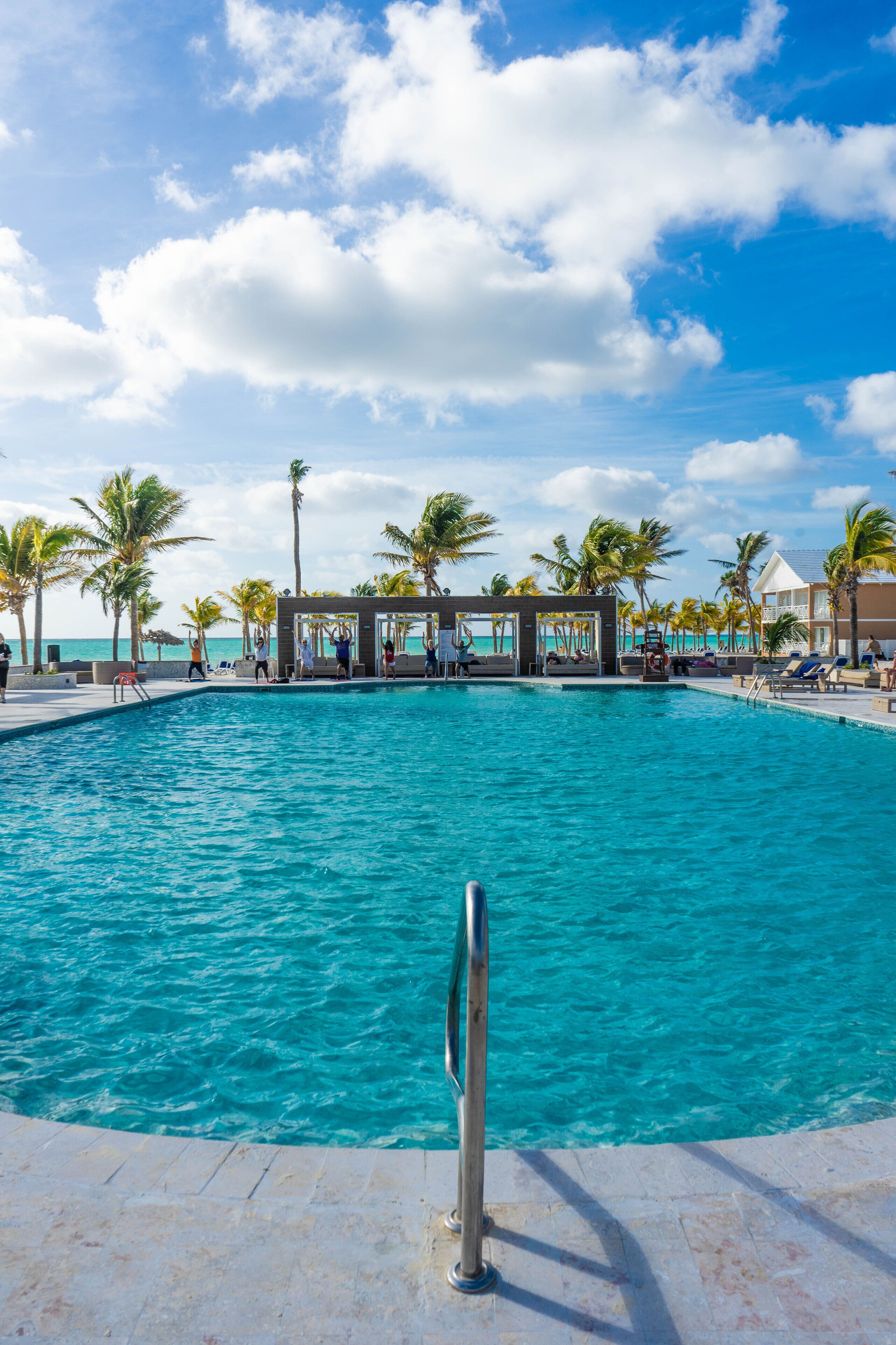 Un área de piscina con agua cristalina, palmeras y una zona de estar cubierta.