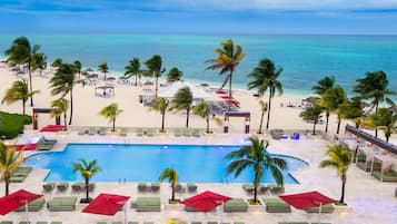 Outdoor pool, pool umbrellas, pool loungers