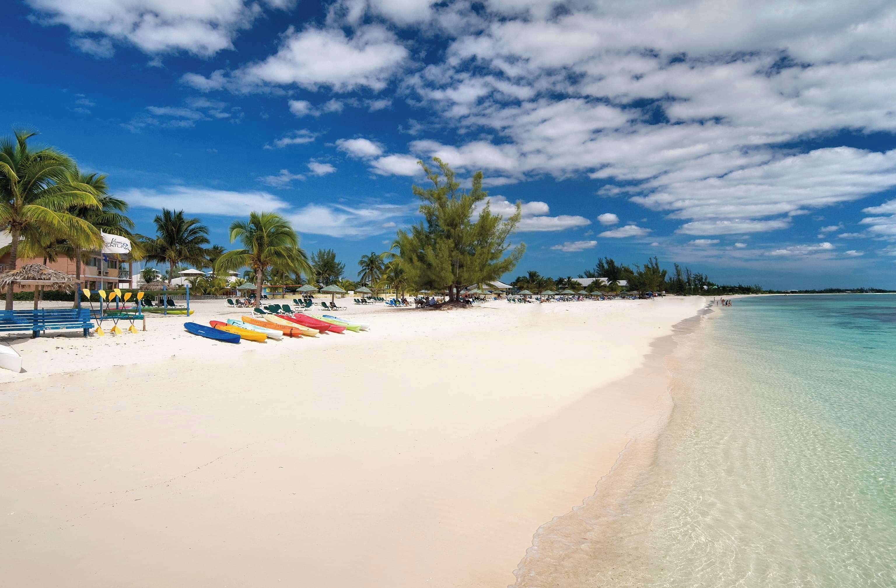 A beach with clear turquoise water, white sand, and palm trees.