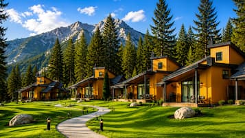 A modern lodge with multiple cabins, a paved driveway, and a mountain backdrop.