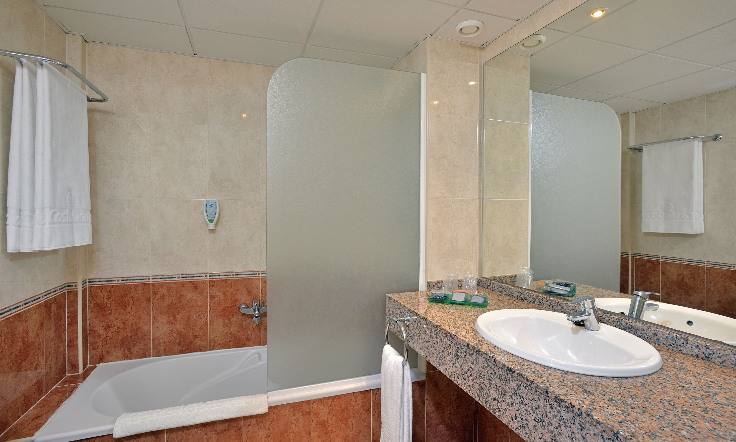 Un bany amb dutxa, un lavabo i un mirall.