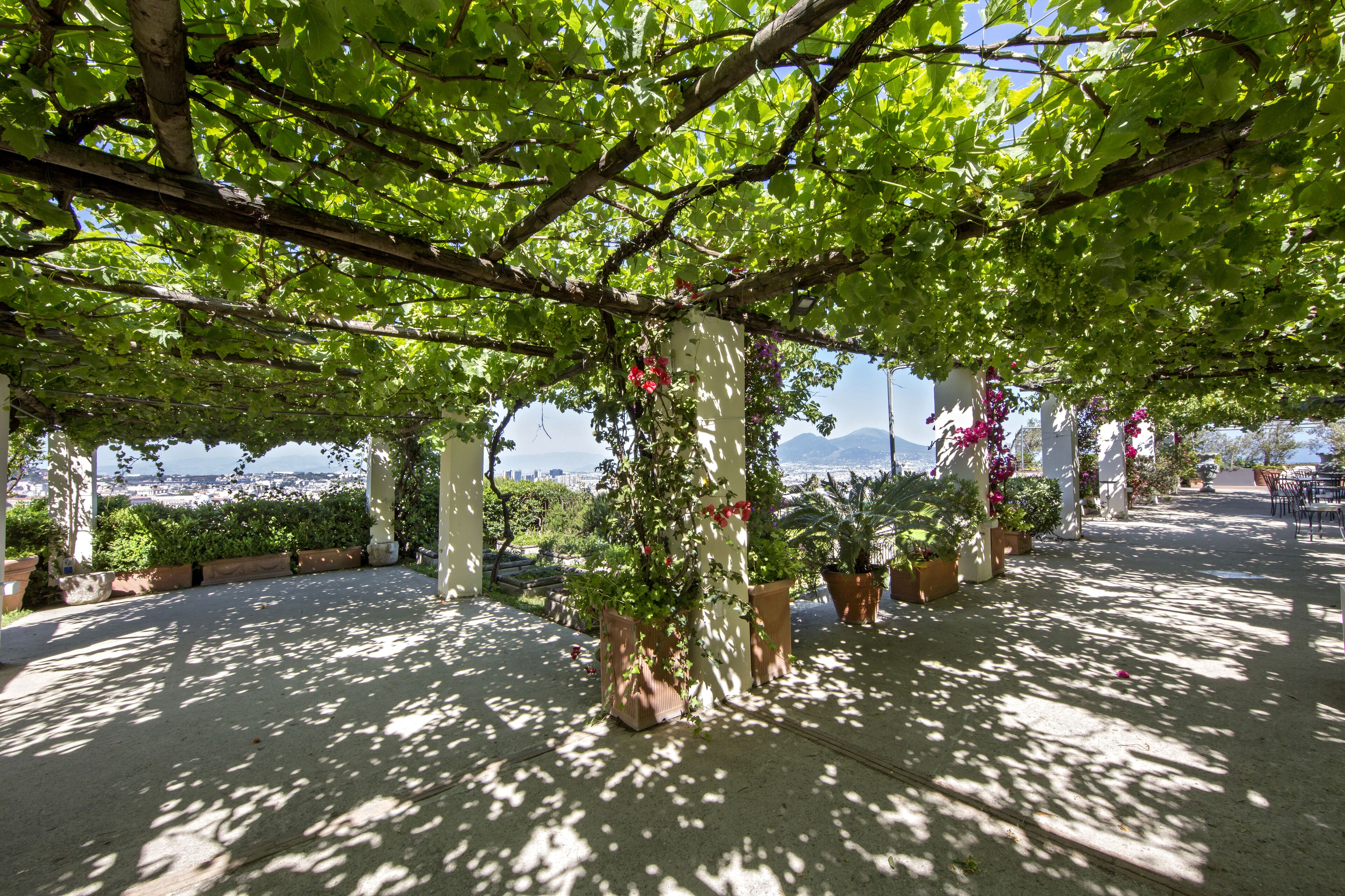 A covered outdoor area with a view of the city and mountains.