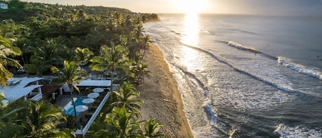A beach resort with a pool, palm trees, and ocean views.