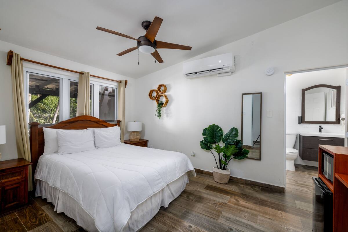 A bedroom with a large bed, a ceiling fan, an air conditioning unit, a potted plant, a mirror, and a TV.