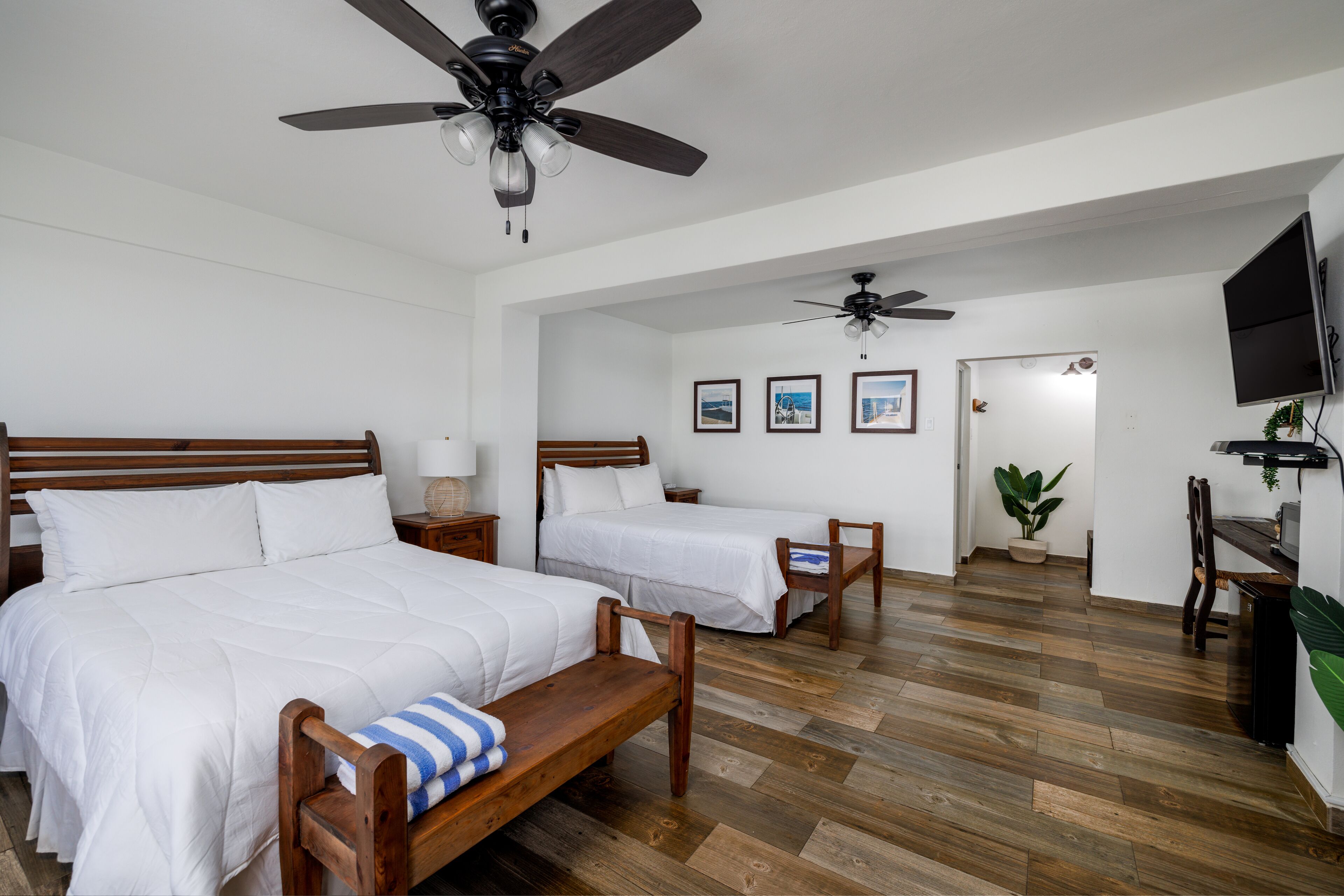 room, 2 queen beds, ocean view | pillow-top beds, desk, laptop workspace, bed sheets