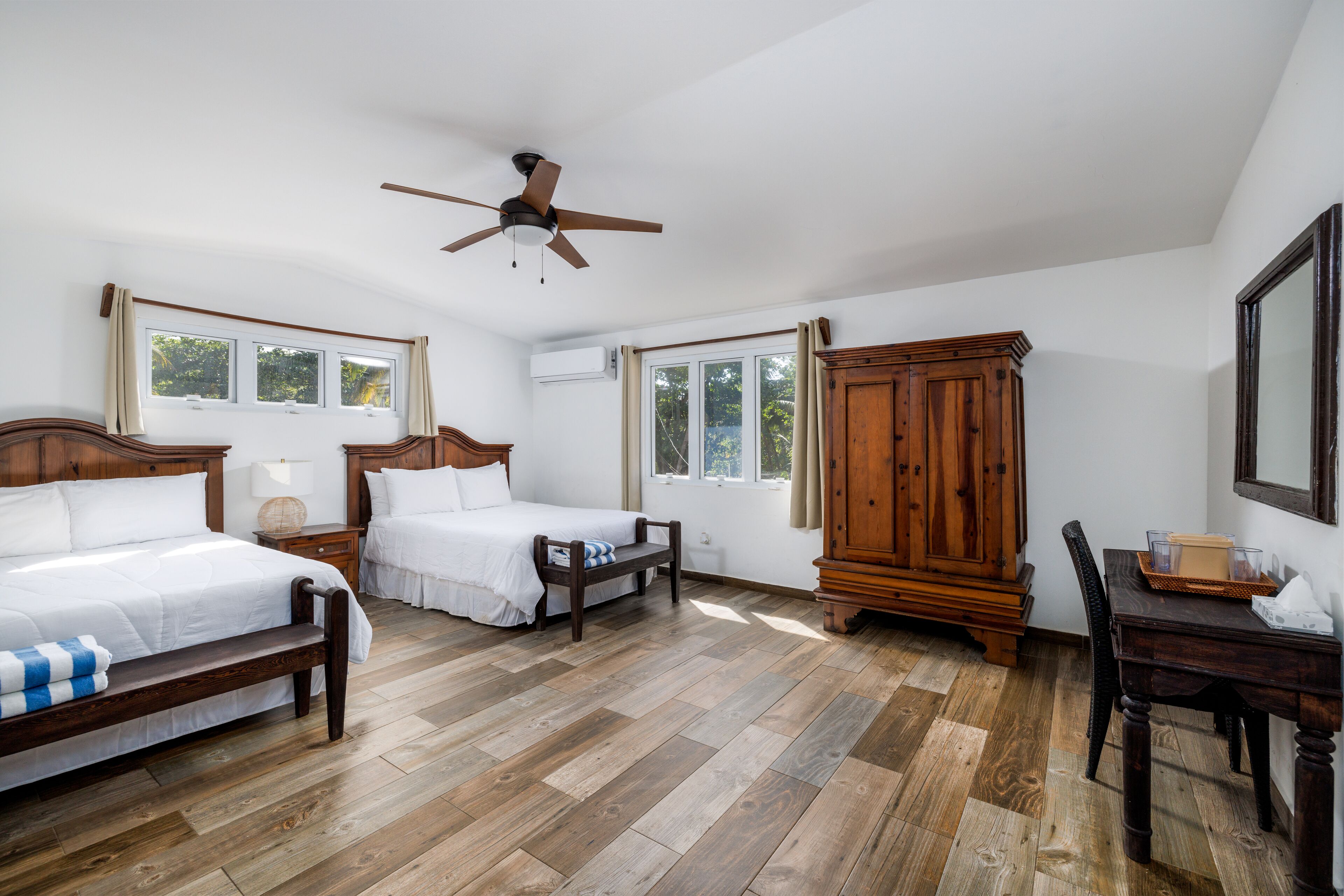 standard room, 2 queen beds | pillow-top beds, desk, laptop workspace, bed sheets