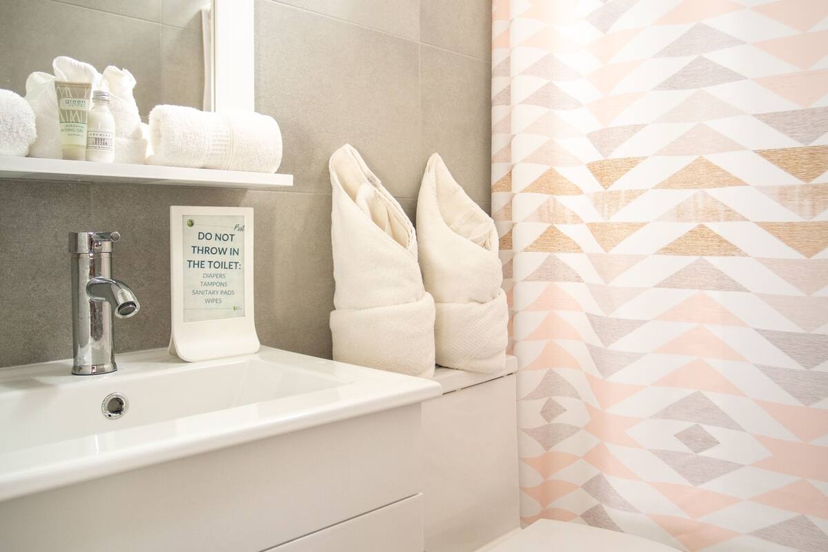 terrace two beds | bathroom | shower, free toiletries, hair dryer, towels