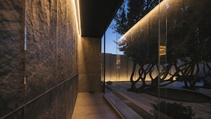 Un pasillo con un muro de cristal que refleja árboles y un interior con iluminación tenue.