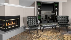 Un salon moderne avec une cheminée, deux fauteuils en cuir, un banc, un téléviseur à écran plat et une bibliothèque.