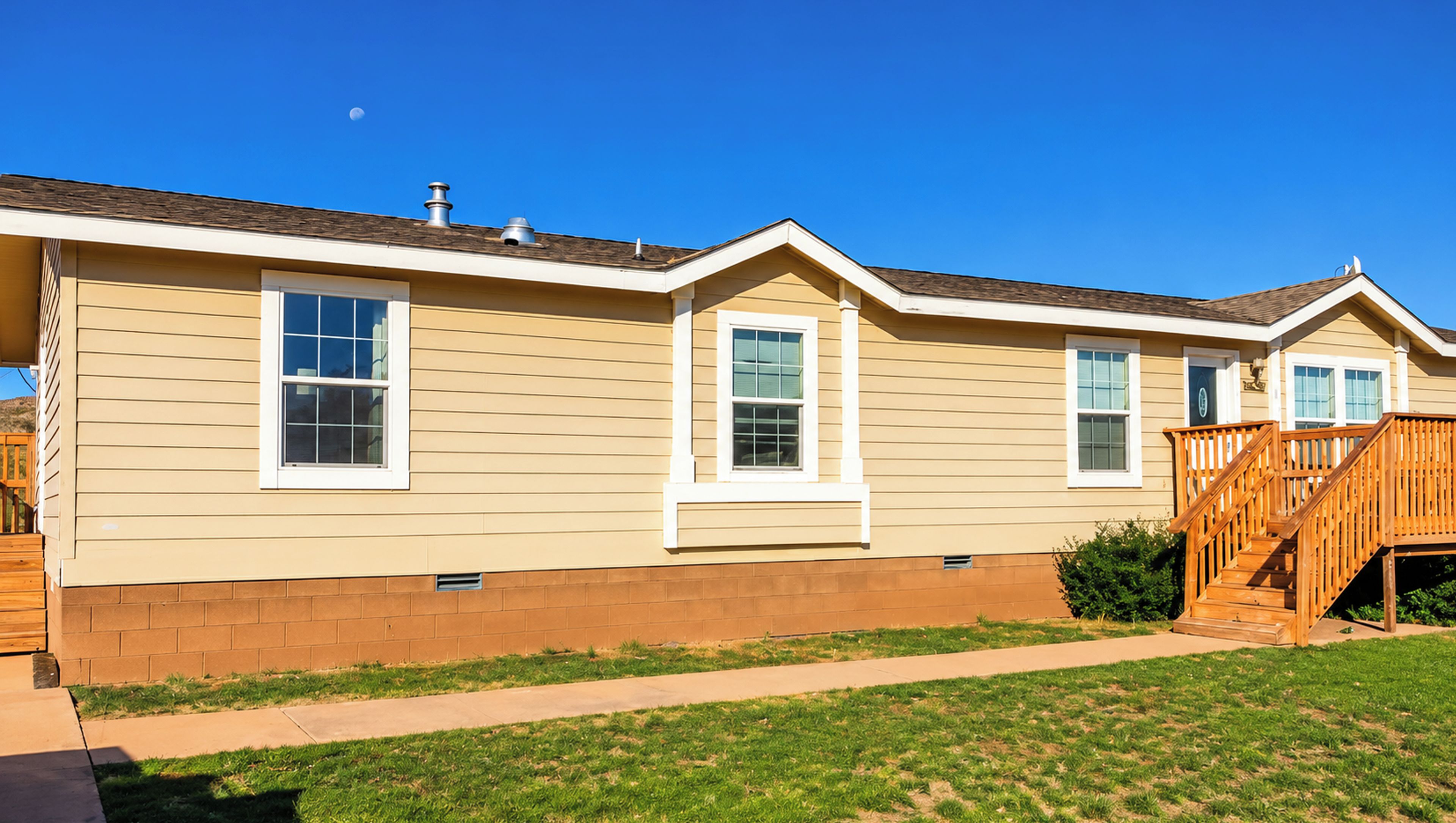 A single-story mobile home with a front porch, a small attached garage, and a clear blue sky.