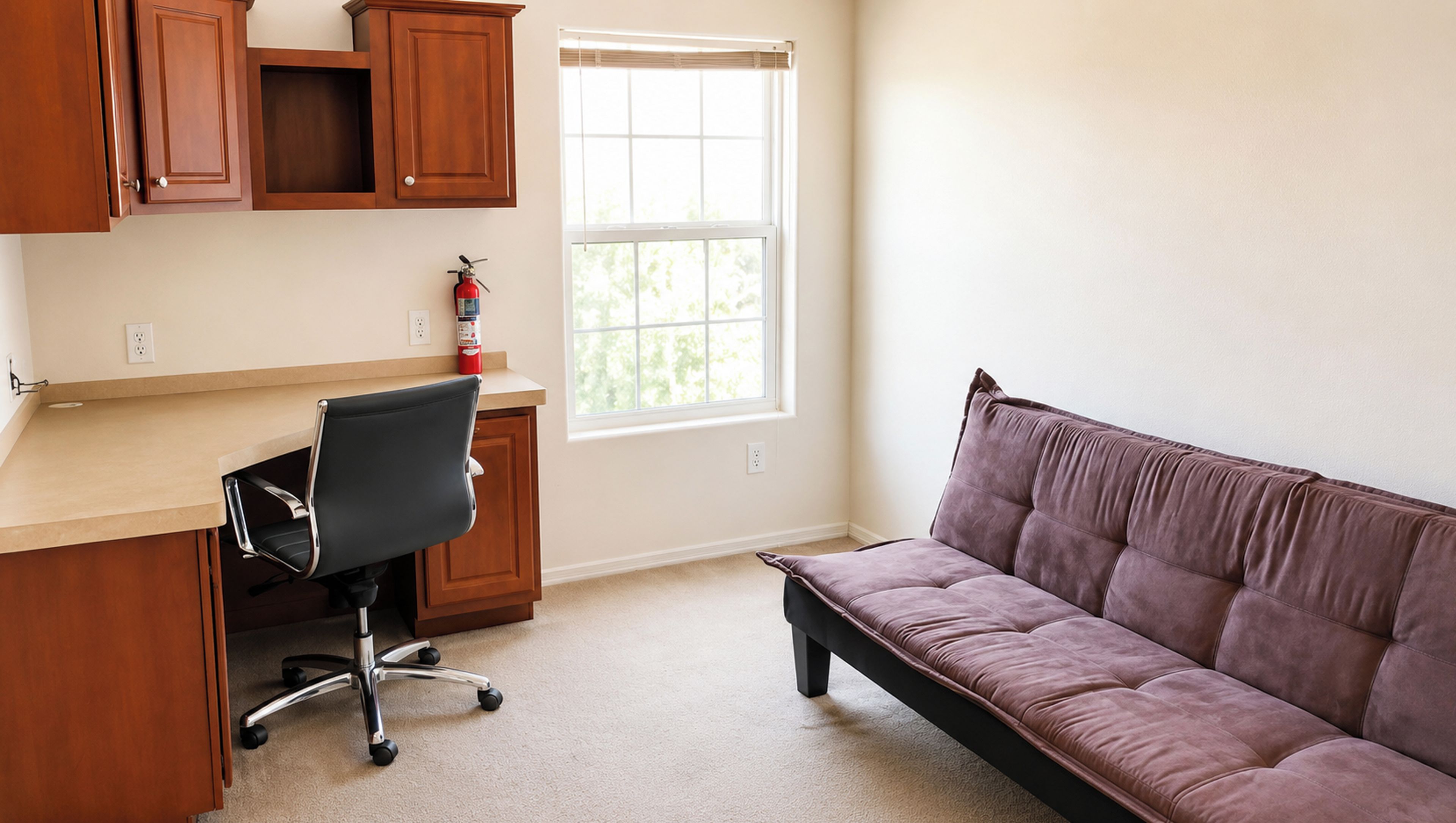 A room with a desk, office chair, and a cushioned seating area.