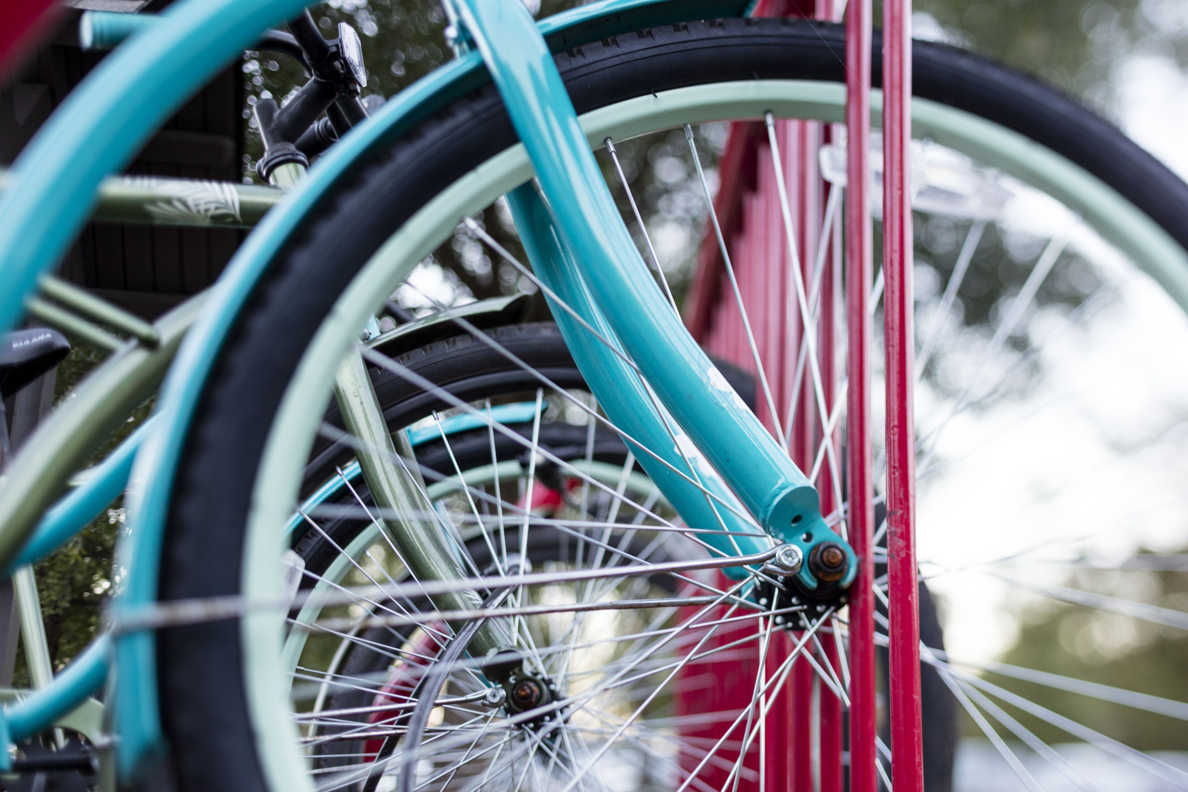Een detail van een fietswiel met een rood frame en een blauwgroene voorvork.