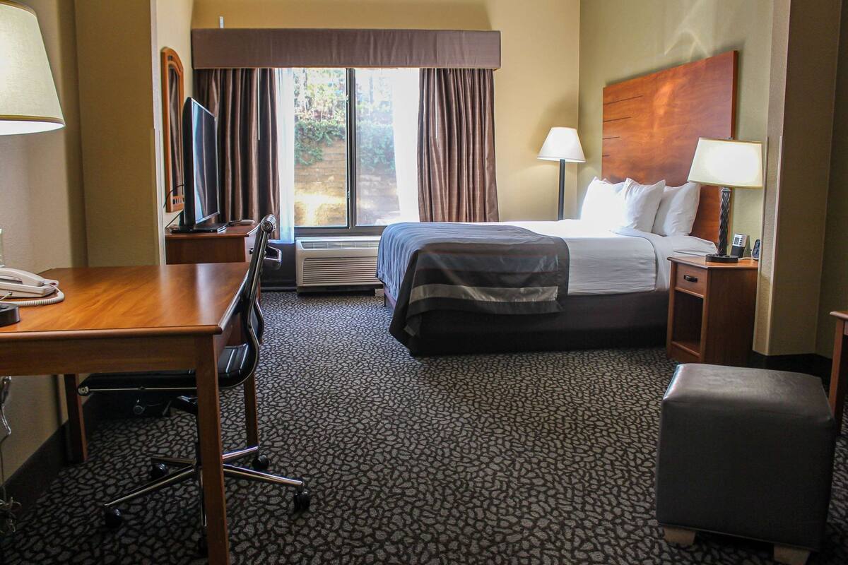 A hotel room with a bed, desk, chair, lamps, and a view of the outdoors.
