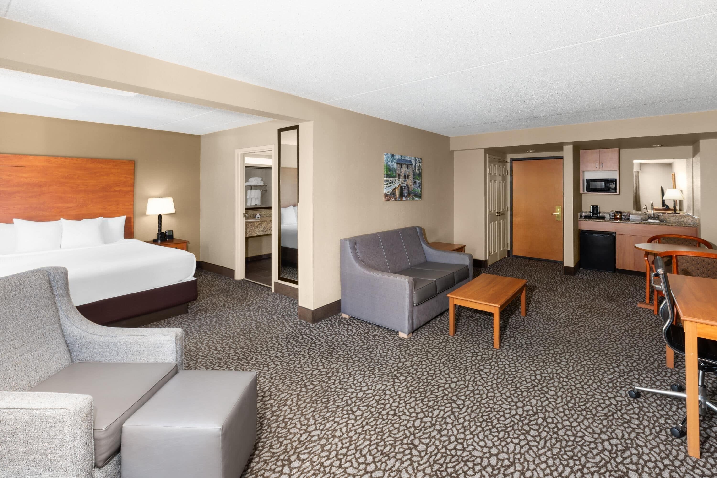 A hotel room with a bed, a sofa, a small table, a desk, and a kitchenette.
