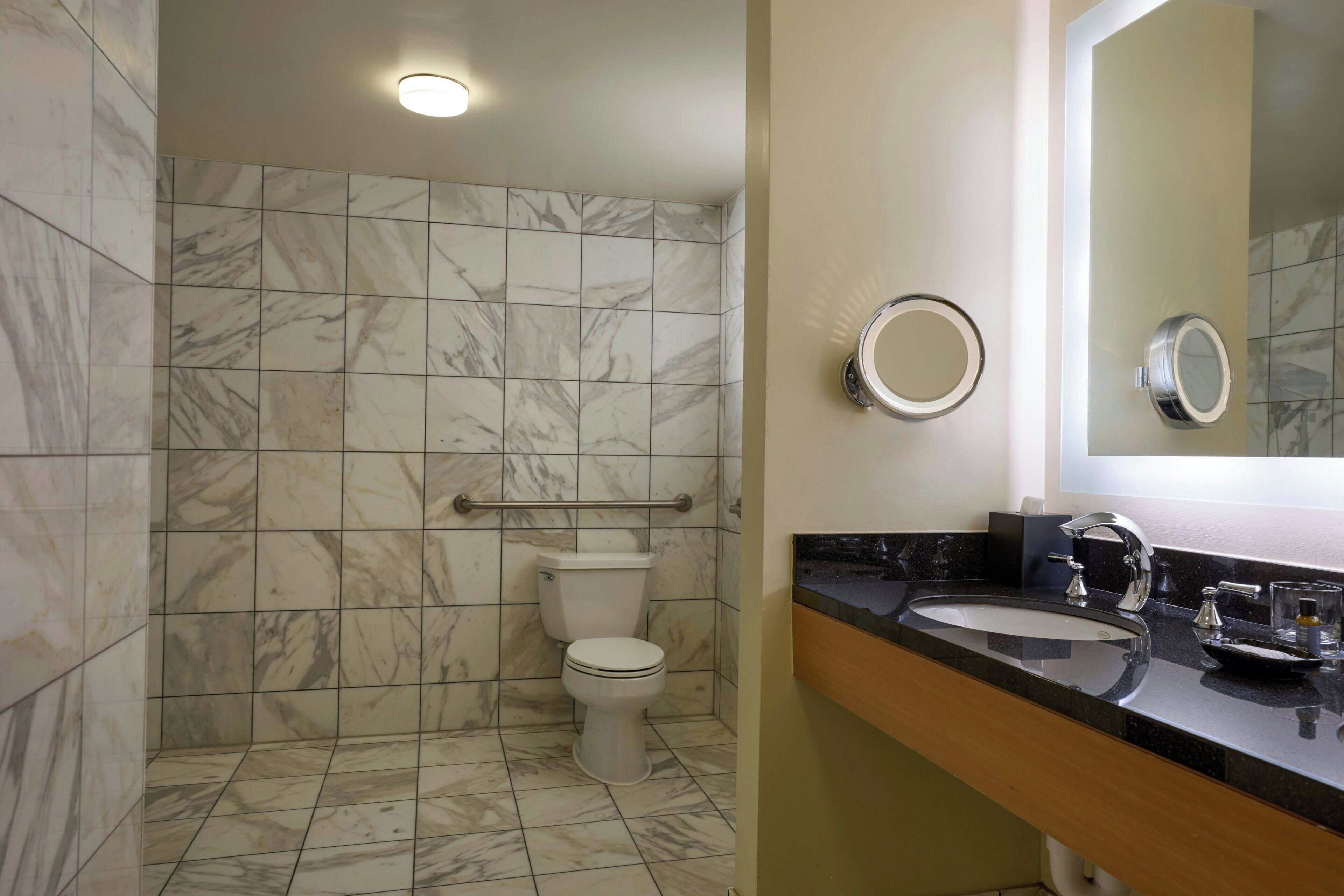 A bathroom with a toilet, a sink, and a mirror.