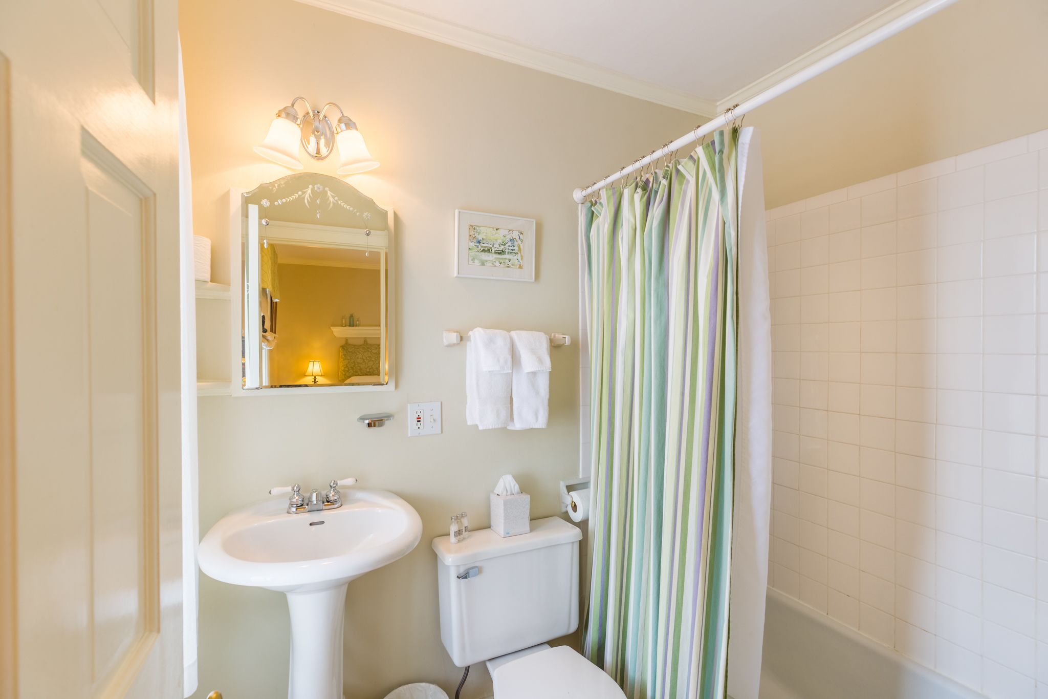 Une salle de bain équipée d’un lavabo, de toilettes et d’un rideau de douche.