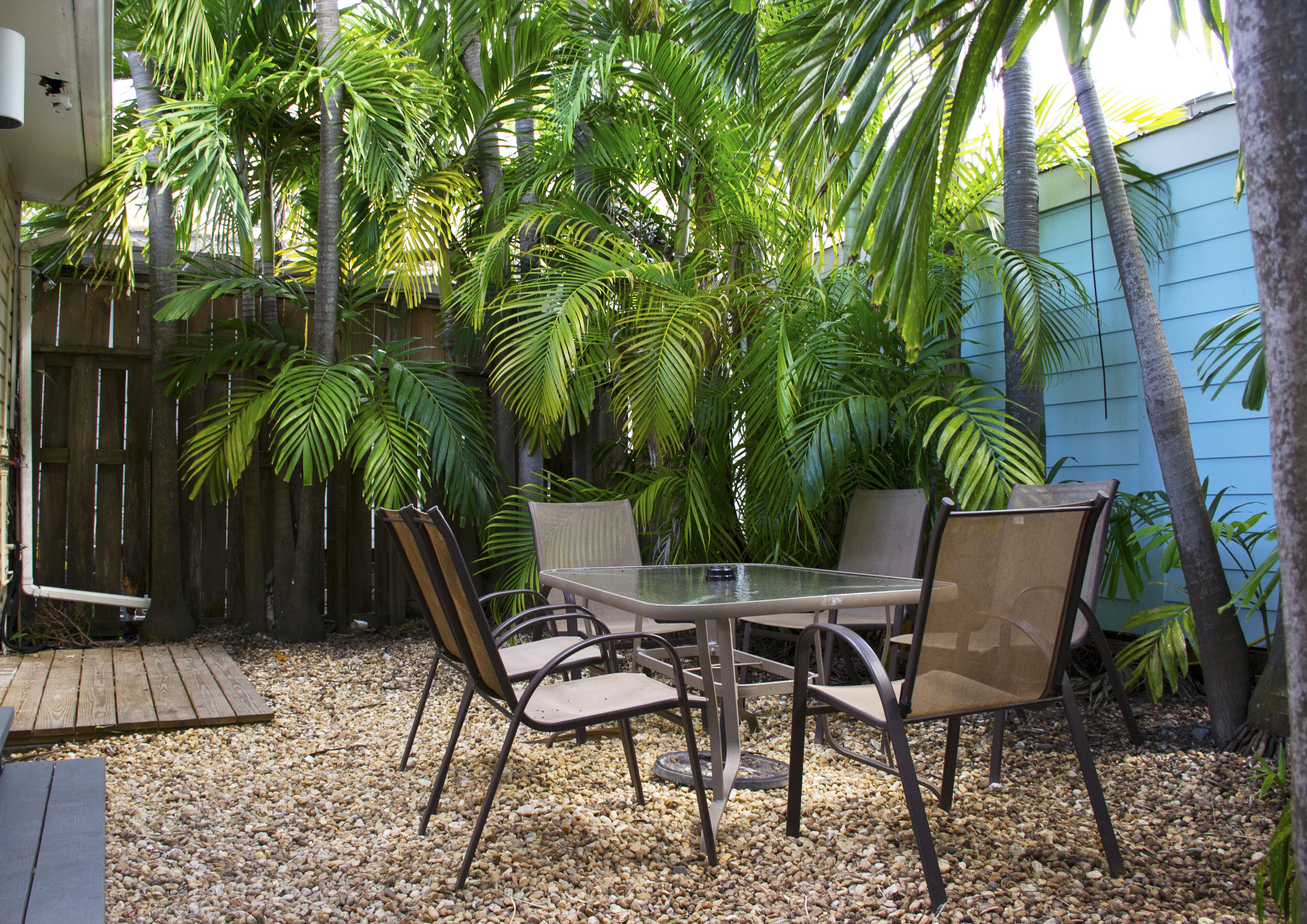 A patio with a table and chairs, surrounded by palm trees and a wooden fence.
